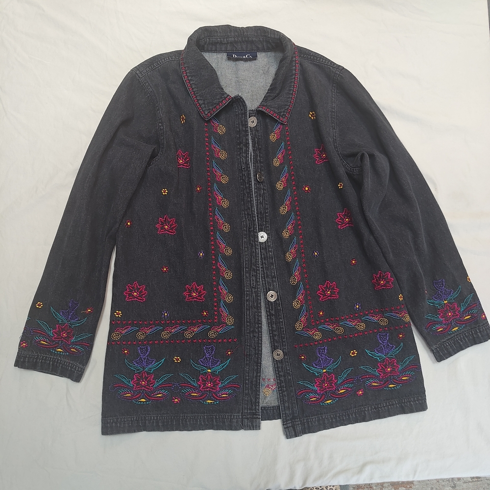 Denim&Co Charcoal Jean Jacket with Multicolor Embroidery, Vintage